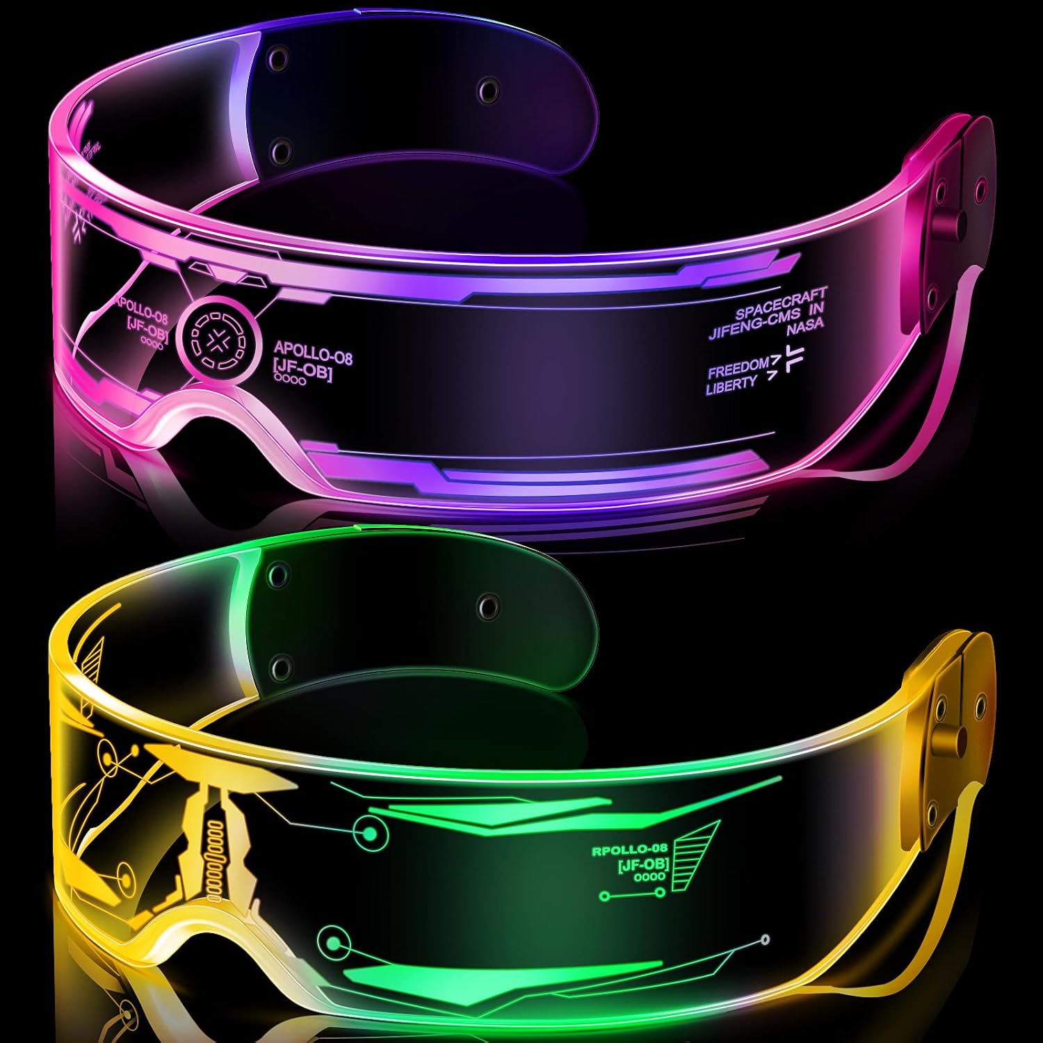 TOODOO 2 Pairs LED Visor Glasses 7 Colors Futuristic Glasses Light up Punk Accessories for Rave Party Costume