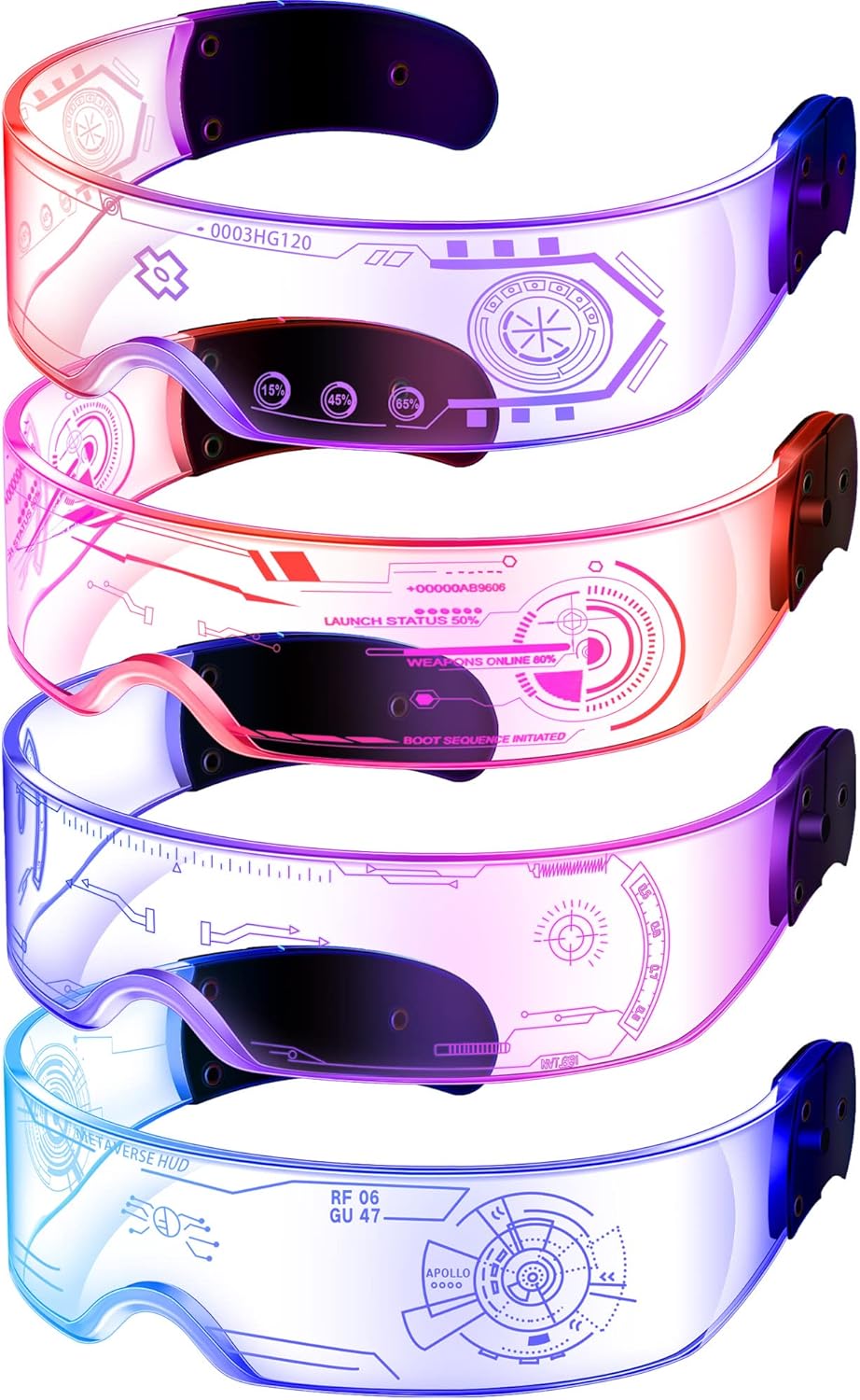 TOODOO 4 Pairs LED Visor Glasses Light up Glasses Futuristic Luminous Rave Glasses 7 Colors 4 Modes for Club Christmas Party