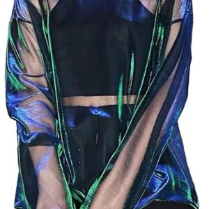 Women See-Thru Sparkly Cover Up Tops E-Girls Metallic Shiny Oversized Tee Shirts